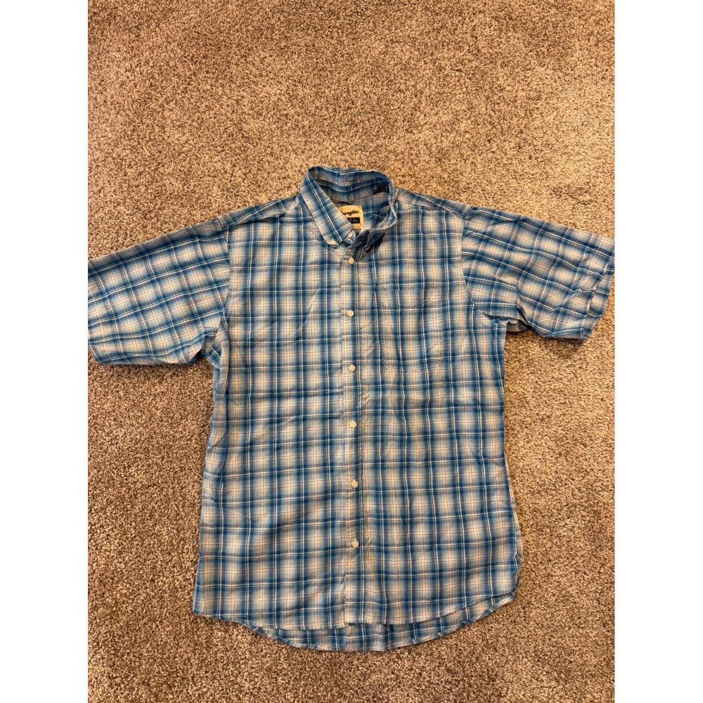 Wrangler Button Down Mens XXL Blue Riata Plaid Short Sleeve Western Shirt